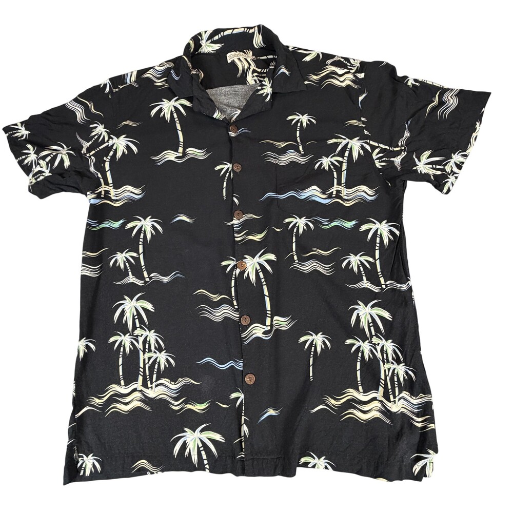 Young USA Shirt Mens Medium Black Palm Tree Print Rayon Short Sleeve Button Up